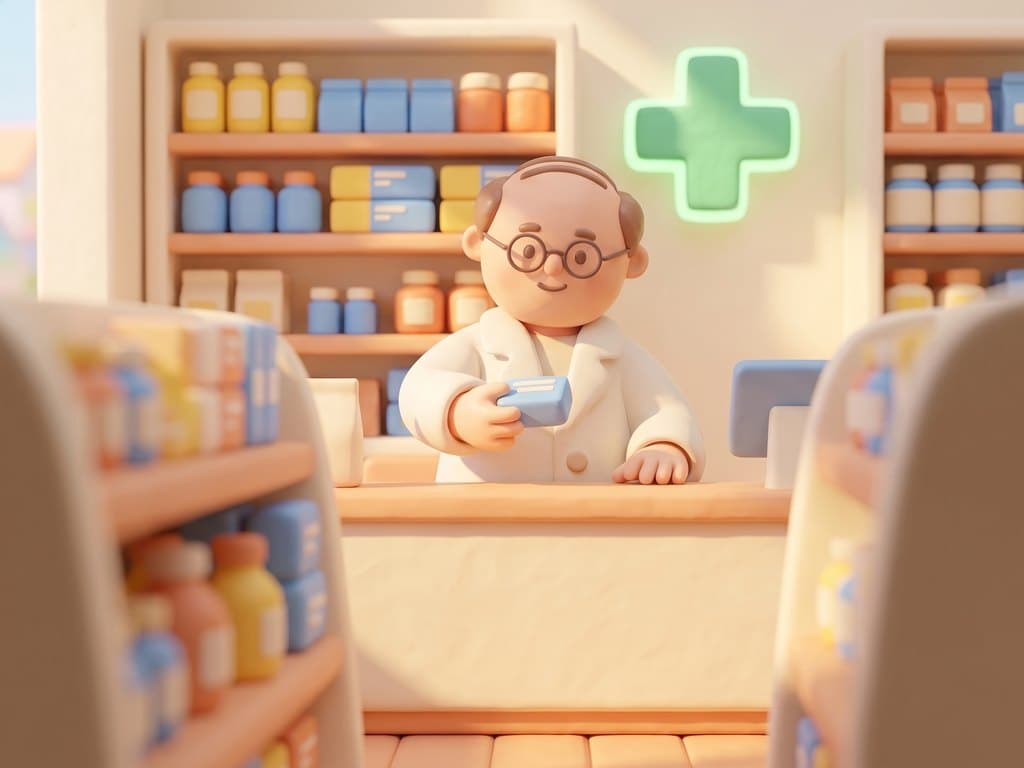 A traveller at a pharmacy counter, the pharmacist reaching for a shelf.